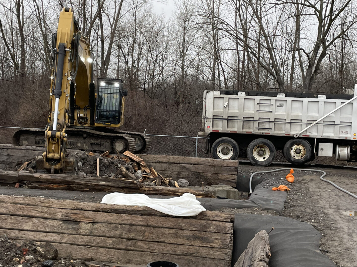 Heavy machinery clearing debris