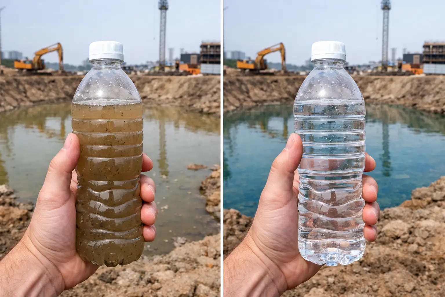 Comparison of polluted and clean water in plastic bottles.